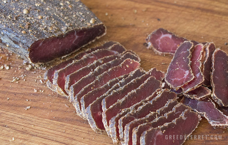 perfect biltong slices on a chopping board
